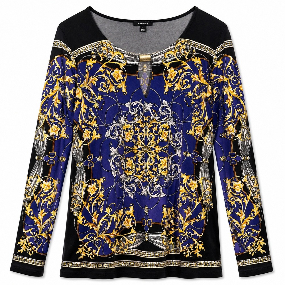 Premise Womens royal Purple Gold Baroque Scarf Print Keyhole Top Long Sleeve L